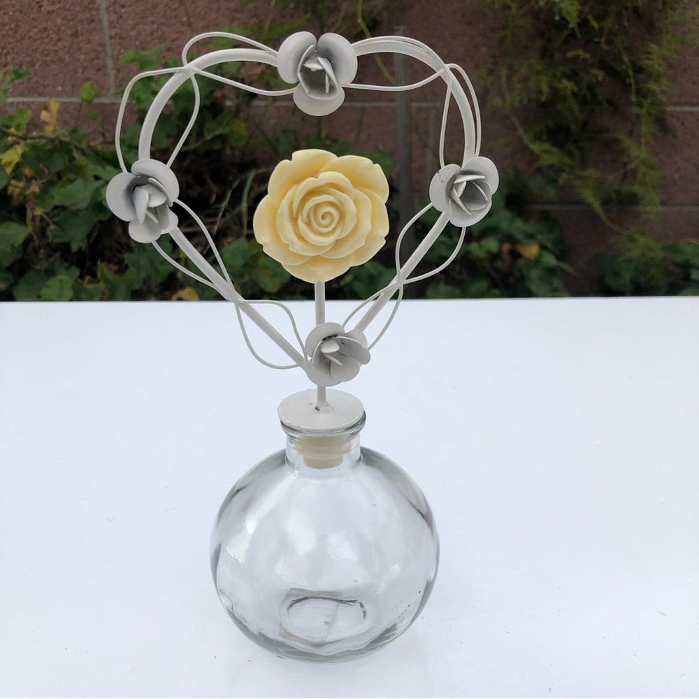 Roses White Metal and Glass 9" Perfume Bottle Holder w/Stopper Cottage Core New